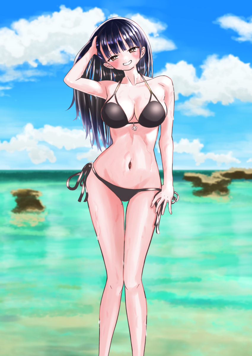 bikini black_bikini black_hair blush boku_no_kokoro_no_yabai_yatsu breasts brown_eyes cleavage collarbone day feet_out_of_frame female grin hand_in_own_hair highres horizon long_hair m2bou medium_breasts mole mole_on_neck mole_on_thigh multiple_moles navel ocean outdoors side-tie_bikini_bottom skull_charm sky smile solo standing swimsuit wet yamada_anna