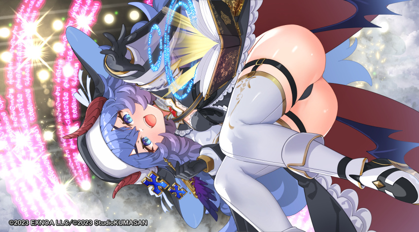 blue_eyes blue_hair blush book boots breasts commentary_request cross demon_girl female gloves habit hair_between_eyes hair_ornament highres holding holding_quill horns hoshi_umi long_hair looking_at_viewer magic_circle open_mouth quill small_breasts solo thighhighs twinkle_star_knights wings