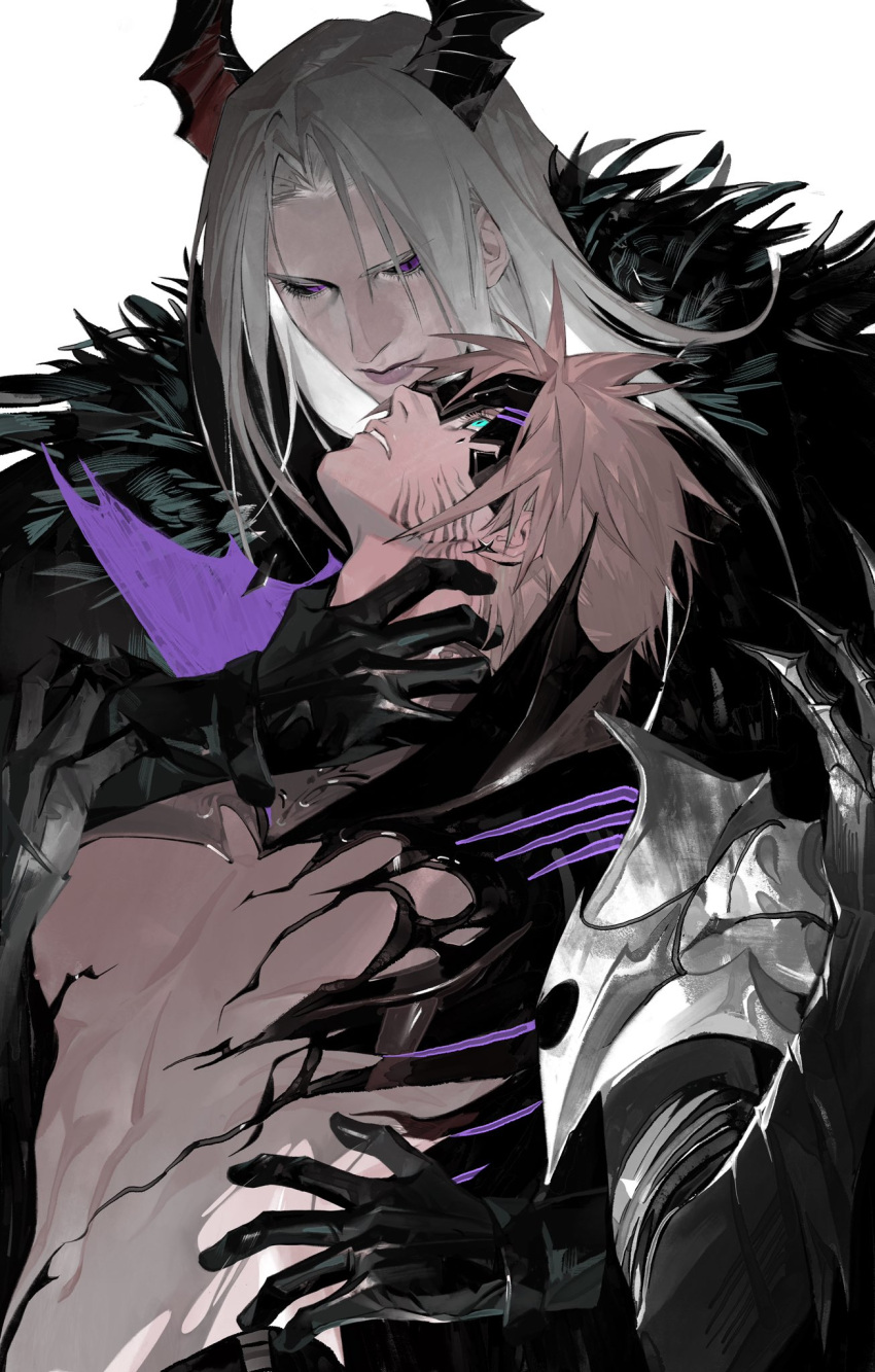 2boys alina99liang aqua_eyes armor black_armor black_feathers black_mask blonde_hair bodystocking cloud_strife cloud_strife_(bahamut_garb) demon_horns earrings eye_mask facial_mark feather_trim feathers final_fantasy final_fantasy_vii final_fantasy_vii_ever_crisis grey_hair hair_between_eyes half-closed_eyes hand_on_another's_neck highres horns jewelry long_bangs long_hair male_focus multiple_boys official_alternate_costume parted_bangs parted_lips popped_collar sephiroth sephiroth_(dark_harbinger) short_hair shoulder_armor single_earring spiked_hair upper_body white_background yaoi