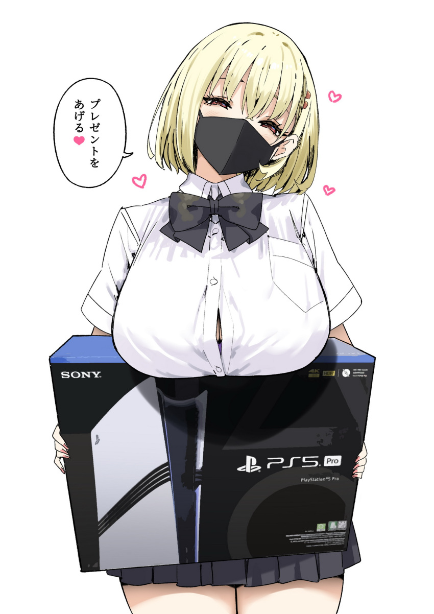 black_bow black_bowtie black_mask black_skirt blonde_hair bow bowtie bra breasts brown_eyes button_gap commentary female game_console highres himeko_(sky-freedom) joshi_kousei_rich_thots large_breasts looking_at_viewer mask mouth_mask playstation_5 purple_bra shirt short_sleeves simple_background skirt sky-freedom solo speech_bubble symbol-only_commentary translation_request underwear white_background white_shirt