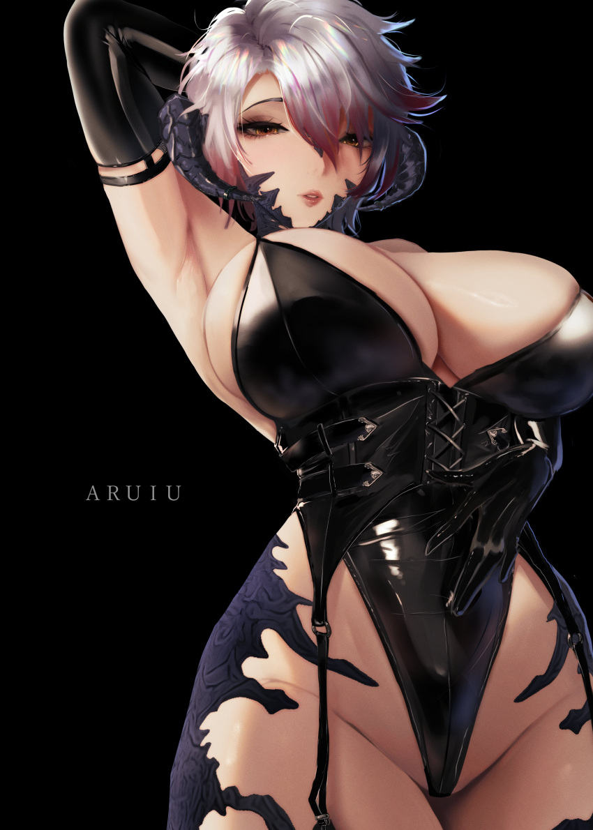 absurdres artist_name aruiu au_ra black_background black_garter_straps black_gloves black_horns black_leotard black_scales breasts commission cowboy_shot dragon_girl dragon_horns elbow_gloves female final_fantasy final_fantasy_xiv from_below garter_straps gloves gradient_hair highleg highleg_leotard highres horns huge_breasts latex latex_gloves latex_leotard leotard lips looking_at_viewer looking_down low_horns multicolored_hair orange_eyes red_hair short_hair simple_background solo white_hair