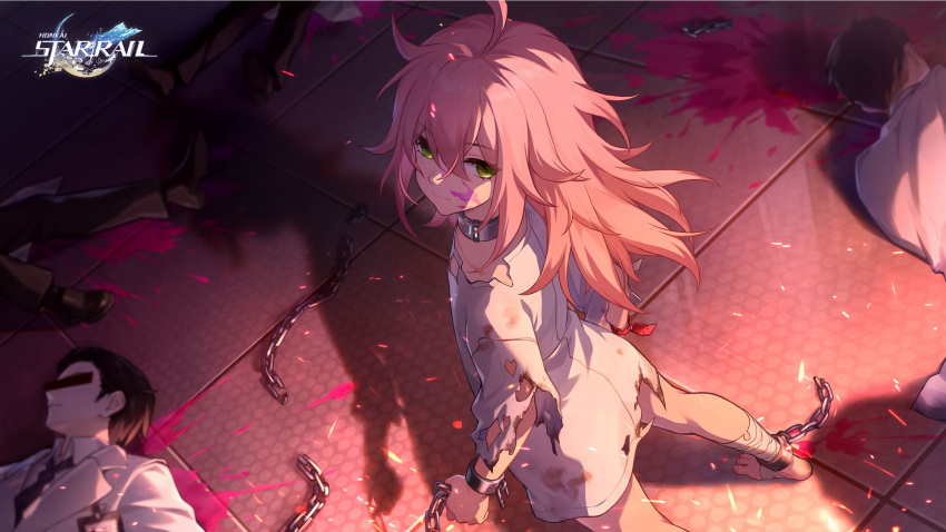 4boys aged_down ahoge bandaged_leg bandages bar_censor censored censored_identity chains cuffs dress female green_eyes highres honkai:_star_rail honkai_(series) long_hair looking_at_viewer multiple_boys official_art paint_splatter paint_splatter_on_face pink_hair rappa_(honkai:_star_rail) shackles standing torn_clothes torn_dress white_dress