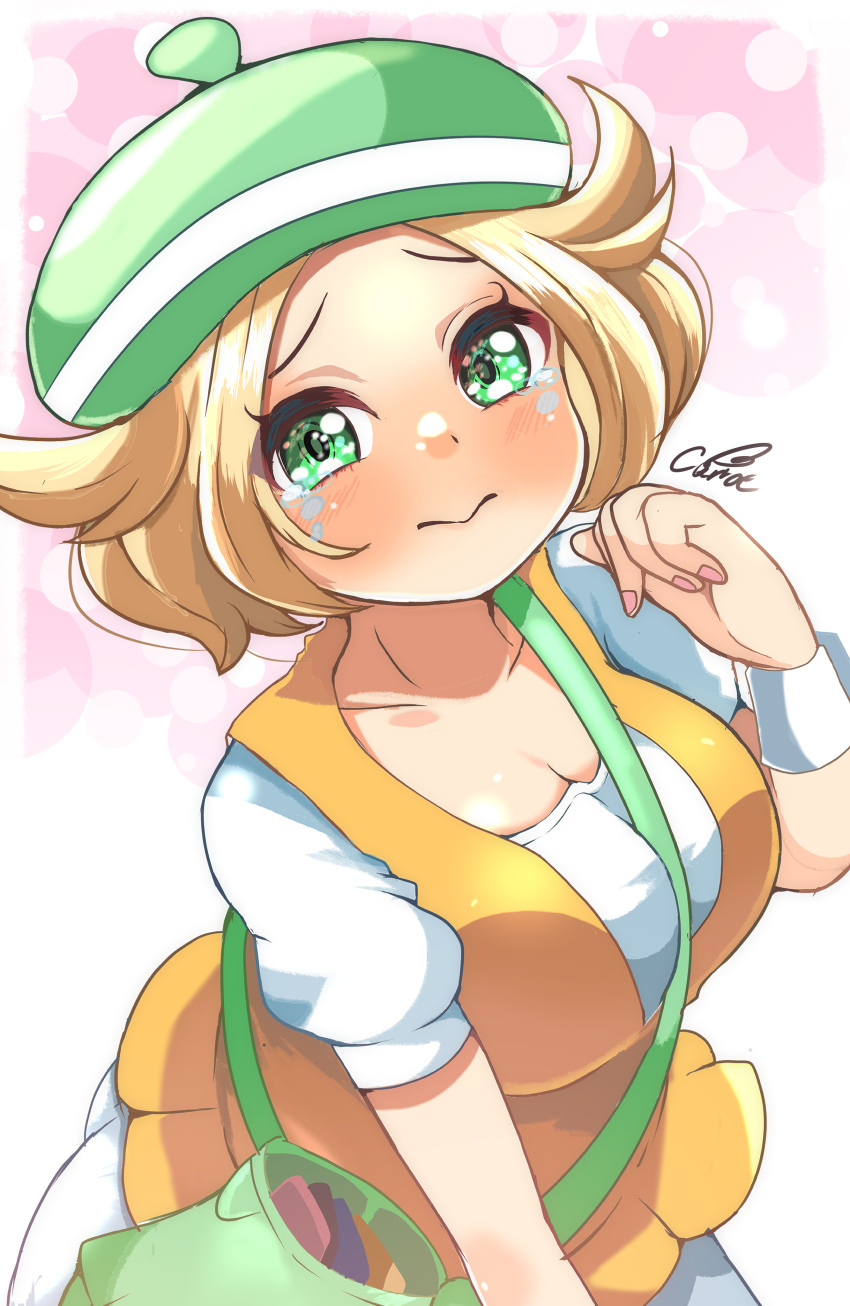 3: absurdres artist_name bag beret between_breasts bianca_(pokemon) blonde_hair blush breasts carrot_summer cleavage closed_mouth collarbone crying crying_with_eyes_open female fingernails furrowed_brow green_bag green_eyes green_hat hair_flaps hand_up hat highres large_breasts orange_vest pokemon pokemon_bw puffy_short_sleeves puffy_sleeves shirt short_hair short_sleeves skirt solo strap_between_breasts tears vest white_shirt white_skirt