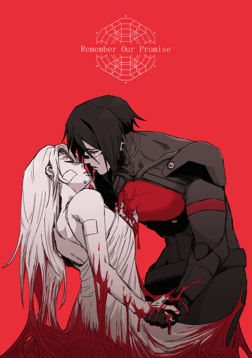 2girls absurdres android ariane_yeong black_hair blood closed_eyes cyberpunk elster_(signalis) highres holding joints kissing long_hair metal_skin multiple_girls robot_girl robot_joints science_fiction short_hair signalis spoilers spoopybino white_hair yuri