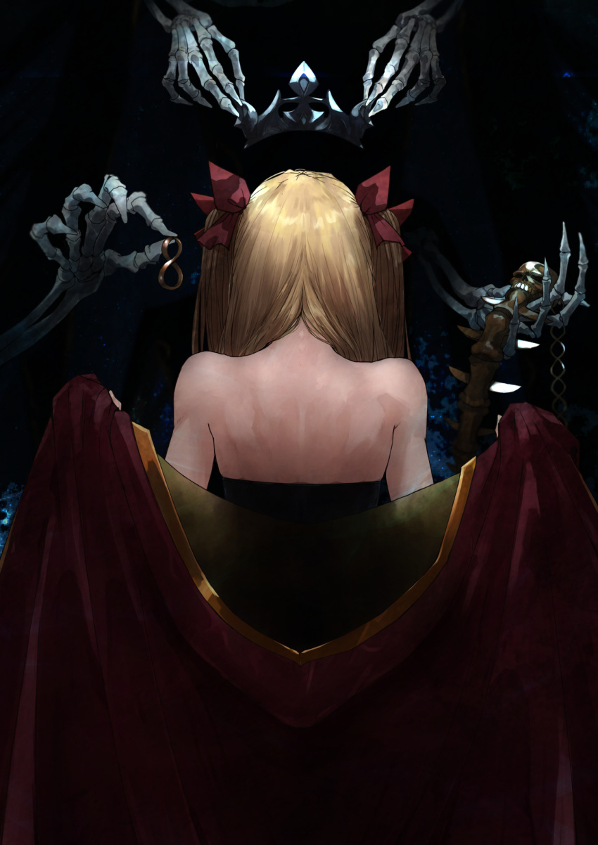 back black_background blonde_hair cloak commentary_request dressing earrings ereshkigal_(fate) fate/grand_order fate_(series) female hair_tie highres hoop_earrings jewelry long_hair nape neko_no_kedama red_cloak simple_background skeleton skull skull_ornament solo spine tiara two-sided_cloak two-sided_fabric two_side_up unworn_earring