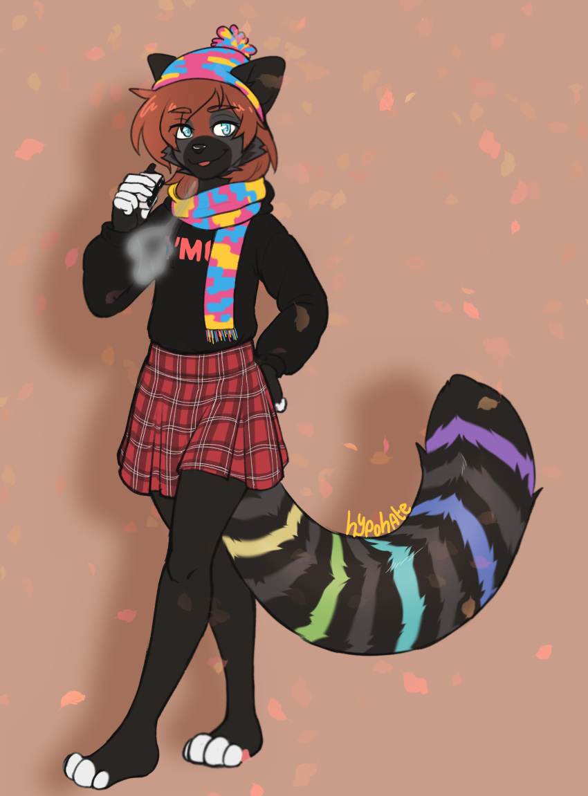 absurd_res ailurid anthro autumn big_tail bottomwear clothing female hat headgear headwear hi_res hypohate mammal multicolored_tail paws rainbow_tail razumi red_panda scarf seasonal skirt solo sweatshirt tail vape vape_pen