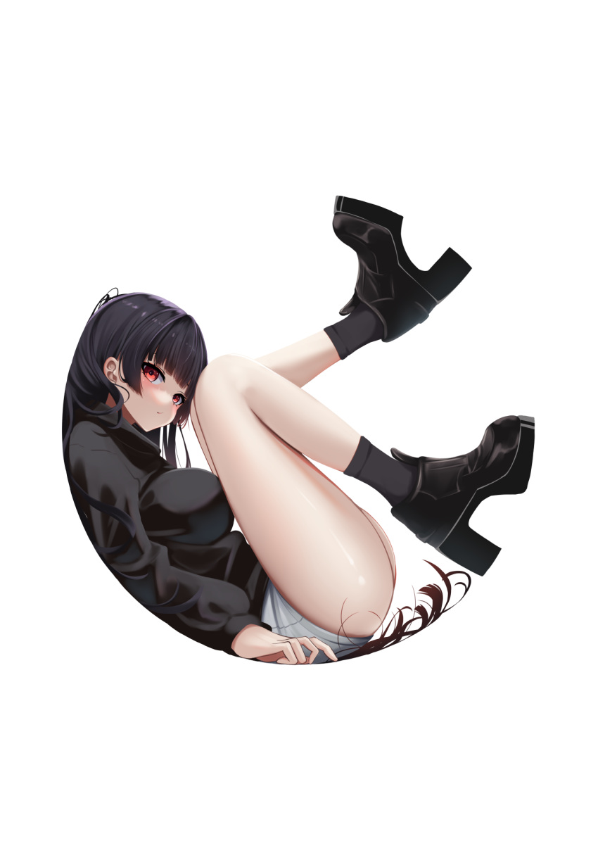 amaterasu_(himegami_emaki) black_footwear black_hair black_shirt black_socks blunt_bangs breasts curled_up defaultkavy female full_body highres himegami_emaki knees_to_chest long_hair long_sleeves looking_at_viewer red_eyes shirt shorts socks tachi-e white_background white_shorts