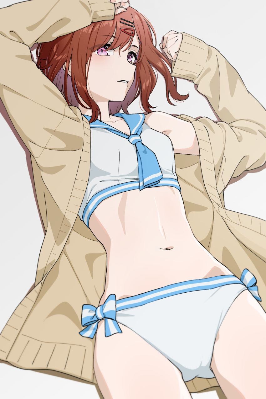 absurdres arms_up bikini blue_neckerchief blue_sailor_collar breasts brown_cardigan brown_hair cardigan dr._gero_(staedtler_0508) female hair_ornament hairclip highres higuchi_madoka idolmaster idolmaster_shiny_colors looking_at_viewer lying medium_hair navel neckerchief on_back open_cardigan open_clothes parted_lips pink_eyes sailor_collar sailor_swimsuit_(idolmaster) simple_background small_breasts solo stomach swimsuit white_background white_bikini