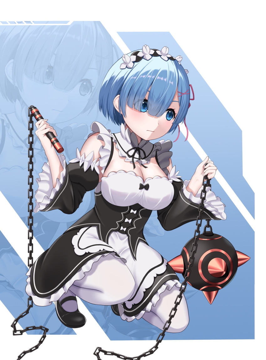 apron black_bow black_dress black_footwear black_sleeves blue_eyes blue_hair bow breasts chains cleavage closed_mouth detached_sleeves dress female flower hair_flower hair_ornament highres holding holding_chain holding_weapon mace maid nishinokyo re:zero_kara_hajimeru_isekai_seikatsu rem_(re:zero) short_hair spiked_mace spikes thighhighs weapon white_apron white_flower white_thighhighs