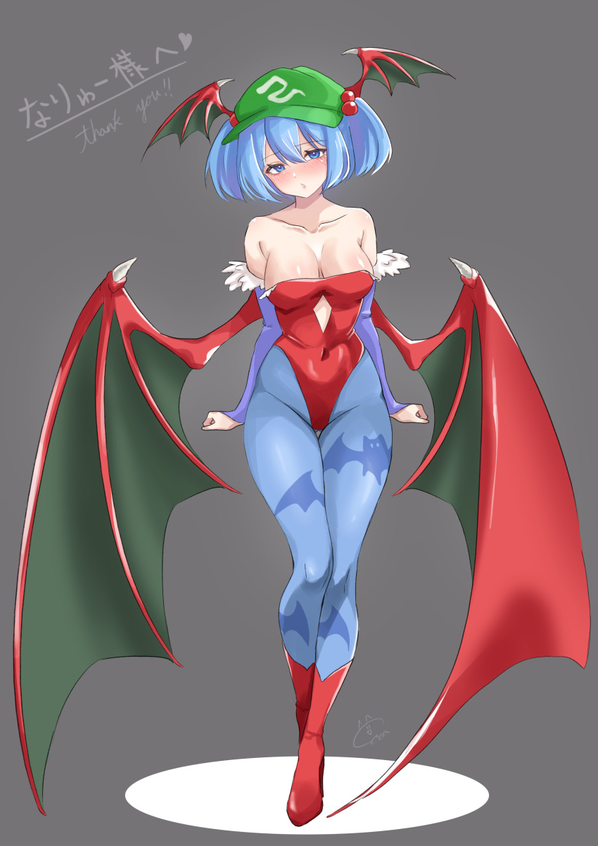 0002koko absurdres bare_shoulders baseball_cap black_wings blue_eyes blue_hair blue_pantyhose blush breasts cleavage collarbone commission cosplay cutout_above_navel darkstalkers demon_girl female full_body green_hat grey_background hat head_wings highres kawashiro_nitori large_breasts leotard lilith_(darkstalkers) lilith_(darkstalkers)_(cosplay) low_wings medium_hair multiple_wings pantyhose print_pantyhose red_leotard red_wings simple_background skeb_commission solo strapless strapless_leotard thank_you touhou twintails wings