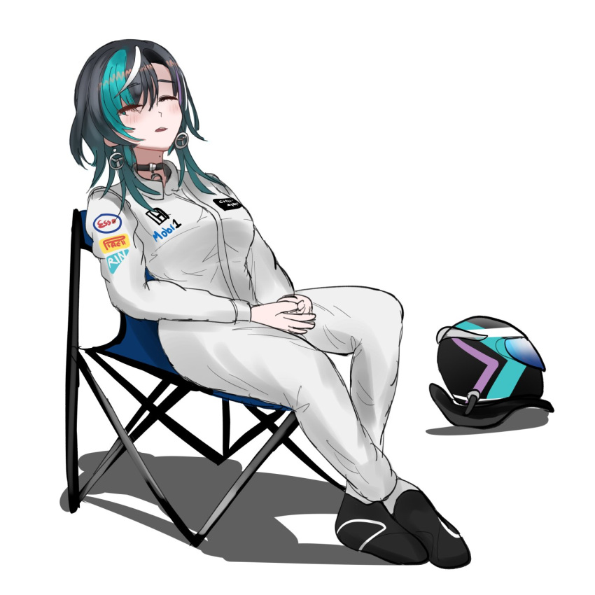 alternate_costume black_choker black_footwear black_hair black_helmet breasts chair choker closed_eyes commentary_request cosplay earrings female fernando_alonso fernando_alonso_(cosplay) folding_chair formula_one full_body gradient_hair green_hair helmet highres hololive hololive_dev_is jewelry jumpsuit large_breasts manziqr medium_hair mobil1 motorcycle_helmet multicolored_hair on_chair open_mouth photo-referenced pirelli pose_imitation racing_suit rindo_chihaya simple_background sitting sleeping solo streaked_hair unworn_headwear unworn_helmet virtual_youtuber white_background white_hair white_jumpsuit