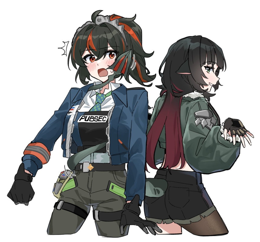 2girls animal_ears ass black_gloves black_hair black_shorts blue_jacket checkered_necktie cropped_legs danji_bang fingerless_gloves gloves gradient_hair green_eyes green_jacket high-waist_pants high-waist_shorts jacket jane_doe_(zenless_zone_zero) long_tail metal_hairband mouse_ears mouse_girl mouse_tail multicolored_hair multiple_girls necktie pants police police_uniform policewoman ponytail red_eyes red_hair sharp_tail shorts simple_background single_leg_pantyhose streaked_hair tail tight_clothes tight_pants white_background zenless_zone_zero zhu_yuan