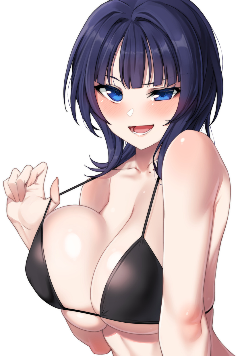 absurdres asaka_karin bikini bikini_top_pull black_bikini blue_eyes blue_hair blush breasts cleavage collarbone commentary_request female highres large_breasts looking_at_viewer love_live! love_live!_nijigasaki_high_school_idol_club mole mole_on_collarbone nasuno_(nasuno42) open_mouth pulling_own_clothes short_hair simple_background skindentation smile solo swimsuit upper_body white_background wolf_cut