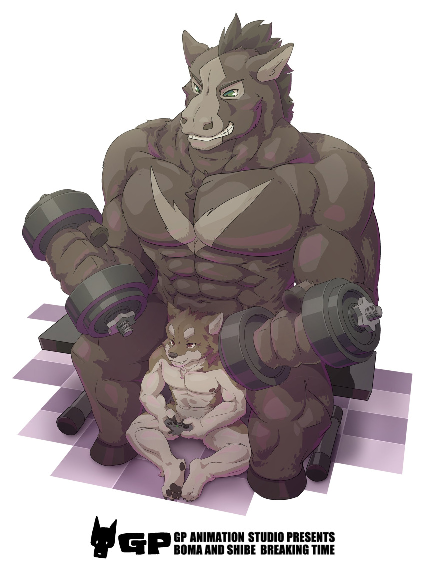 2024 absurd_res anthro big_biceps big_muscles big_pecs boma_(geppei5959) brown_body brown_fur brown_hair brown_hooves brown_nipples canid canine canis controller countershading digital_drawing_(artwork) digital_media_(artwork) domestic_dog duo english_text equid equine feet full-length_portrait fur game_controller gaming geppei5959 green_eyes grin hair hi_res high-angle_view hindpaw holding_controller holding_dumbbell holding_game_controller holding_object hooves horse kemono larger_anthro larger_male male mammal markings muscular muscular_male nipples nude_anthro nude_male paws pecs playing_video_game portrait red_eyes shaded shiba_inu shibe_(geppei5959) sitting size_difference smaller_anthro smaller_male smile spitz tan_body tan_countershading tan_face tan_fur tan_markings teeth text v_marking