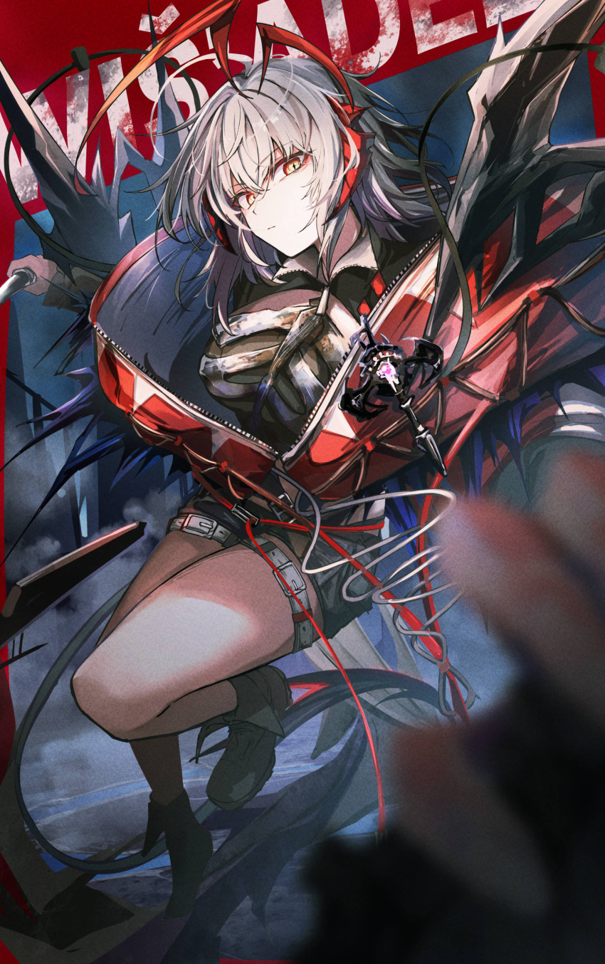 absurdres antenna_hair antennae arknights belt black_shorts black_shrug black_tube_top breasts civilight_eterna crop_top demon_horns demon_tail female grey_hair highres horns jacket kiyakyuu large_breasts long_hair long_sleeves looking_at_viewer orange_eyes red_horns red_jacket shorts shrug_(clothing) solo strapless tail thigh_belt thigh_strap tube_top w_(arknights) wis'adel_(arknights)