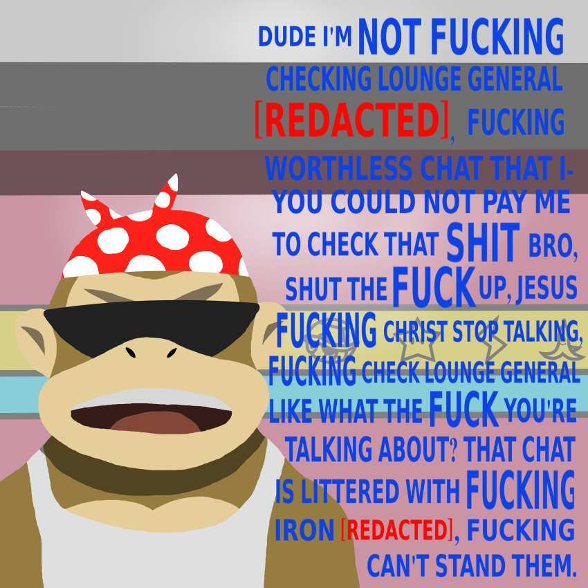 1:1 absurd_res angry anthro ape censored_text clothed clothing dialogue digital_media_(artwork) donkey_kong_(series) english_text eyewear funky_kong gorilla haplorhine headgear hi_res inside kerchief male mammal nintendo open_mouth pecs pink_wall primate profanity red_kerchief redacted_text shirt solo spotted_kerchief subolek sunglasses tank_top teeth text topwear wall_(structure) white_clothing white_kerchief white_shirt white_tank_top white_topwear