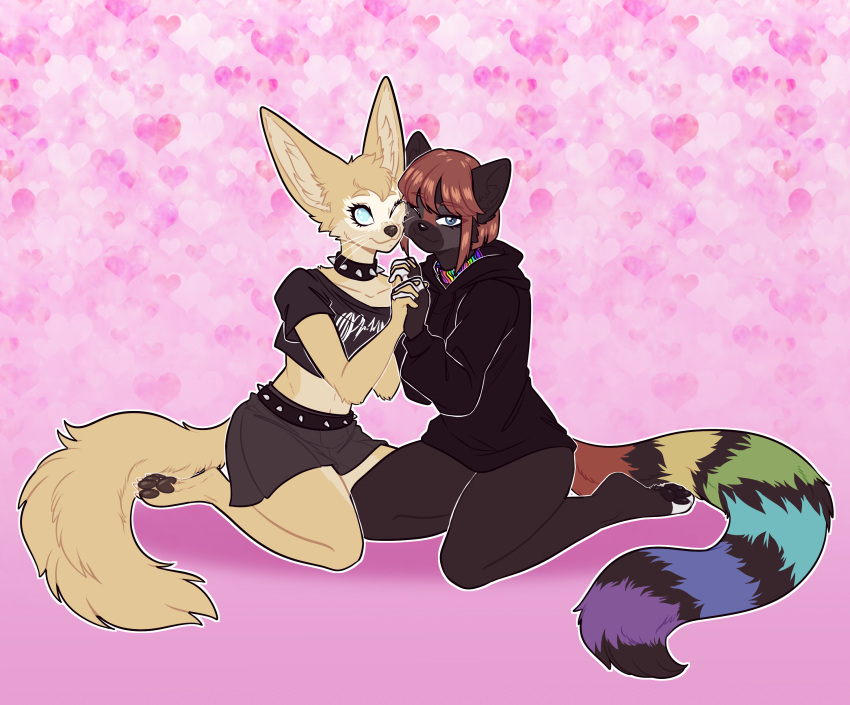 absurd_res ailurid anthro big_ears big_tail blind bottomless bottomwear canid canine clothed clothing collar couple_(disambiguation) disability duo face_touching female female/female fennec_fox fizzy-dog fox hand_holding happy hi_res hoodie hoodie_only love mammal matthews(razumi) multicolored_tail paws rainbow_tail ramzi_(razumi) red_panda skirt smile sweatshirt tail topwear topwear_only true_fox