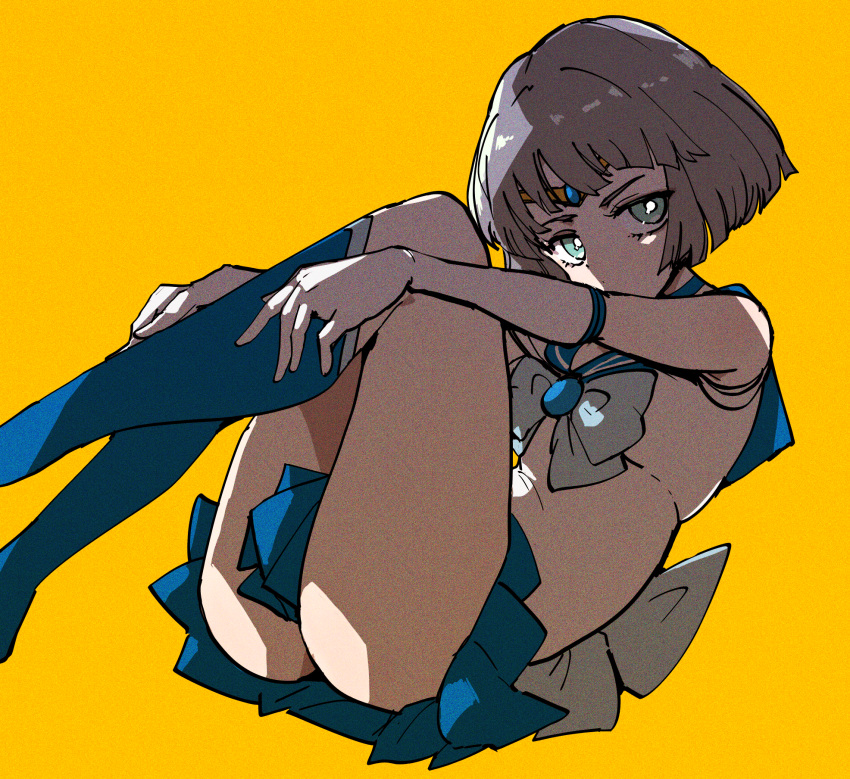 aqua_eyes ass bishoujo_senshi_sailor_moon black_bow blue_bow blue_bowtie blue_footwear blue_sailor_collar blue_skirt blunt_bangs blunt_ends boots bow bowtie bright_pupils cosplay diadem feet_out_of_frame female film_grain folded gloves grey_hair highres knee_boots knees_to_chest lying mercuria_(reverse:1999) miniskirt name_connection on_back reverse:1999 sailor_collar sailor_mercury sailor_mercury_(cosplay) sailor_senshi_uniform shirt short_hair skirt sleeveless sleeveless_shirt solo white_gloves white_pupils white_shirt yellow_background ziyunshanding