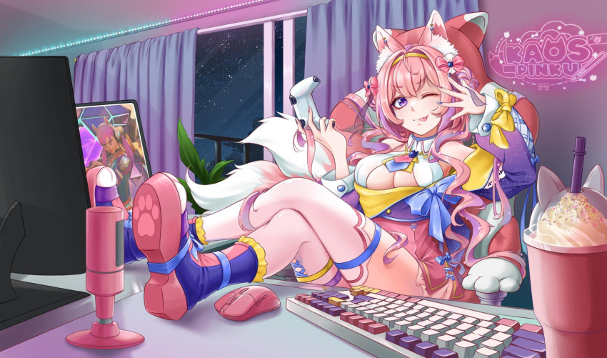 animal_ears blue_bow blue_bowtie bow bowtie breasts chair cleavage computer_keyboard cup fox_ears fox_tail game_console gaming_chair hair_ornament hat highres kaos_pinku luami_media monitor one_eye_closed playing_games purple_eyes shoes swivel_chair tail thighhighs virtual_youtuber white_thighhighs yellow_bow yellow_bowtie