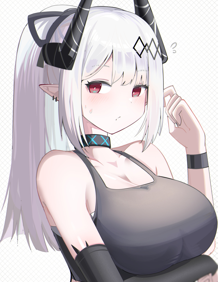 absurdres alternate_hairstyle arknights bare_shoulders black_choker black_ribbon black_tank_top blush breasts choker cleavage commentary female hair_ribbon highres horns infection_monitor_(arknights) large_breasts long_hair looking_at_viewer mudrock_(arknights) pointy_ears ponytail red_eyes ribbon solo spam_(spamham4506) tank_top upper_body white_hair wristband