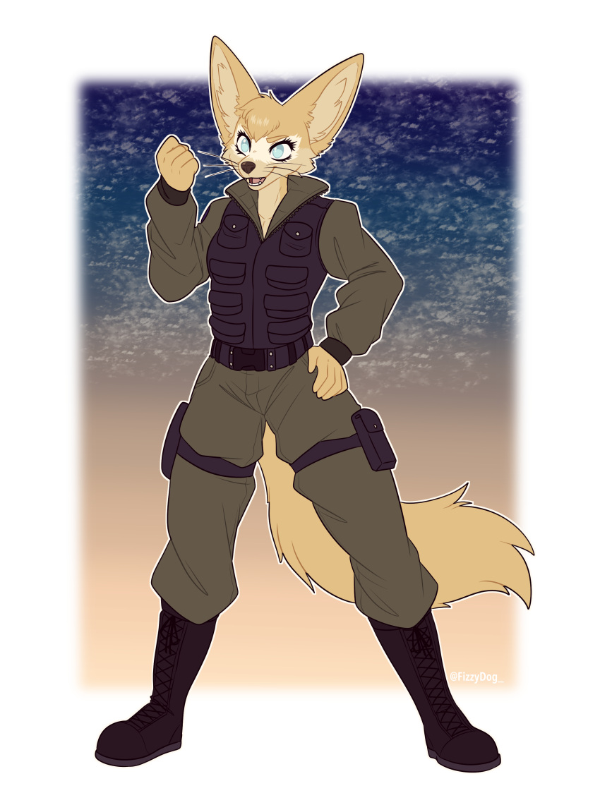 absurd_res anthro big_ears big_tail blind boots canid canine clothing cosplay disability excited female fennec_fox fist fizzy-dog footwear fox fur hi_res mammal military pilot shoes smile soldier soldier_uniform solo stargate tail tan_body tan_fur true_fox warrior