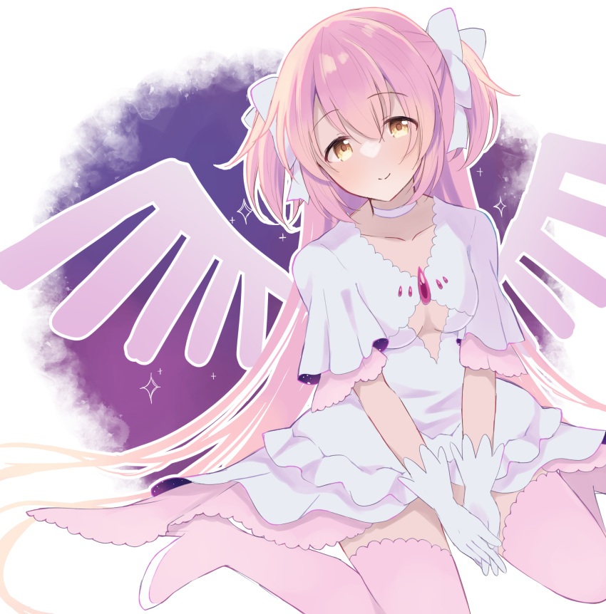 absurdly_long_hair bow breasts chest_jewel choker cleavage cleavage_cutout closed_mouth clothing_cutout collarbone dress energy_wings female foot_out_of_frame hairbow hands_on_lap happy high_heels highres kajimaru_11 kaname_madoka light_blush long_dress long_hair looking_at_viewer mahou_shoujo_madoka_magica mahou_shoujo_madoka_magica_(anime) outline own_hands_together pink_gemstone pink_hair pink_thighhighs short_sleeves sitting smile solo space space_print sparkle starry_sky_print thighhighs tsurime two-sided_dress two-sided_fabric two_side_up ultimate_madoka very_long_hair wariza white_background white_bow white_choker white_dress white_footwear white_outline yellow_eyes