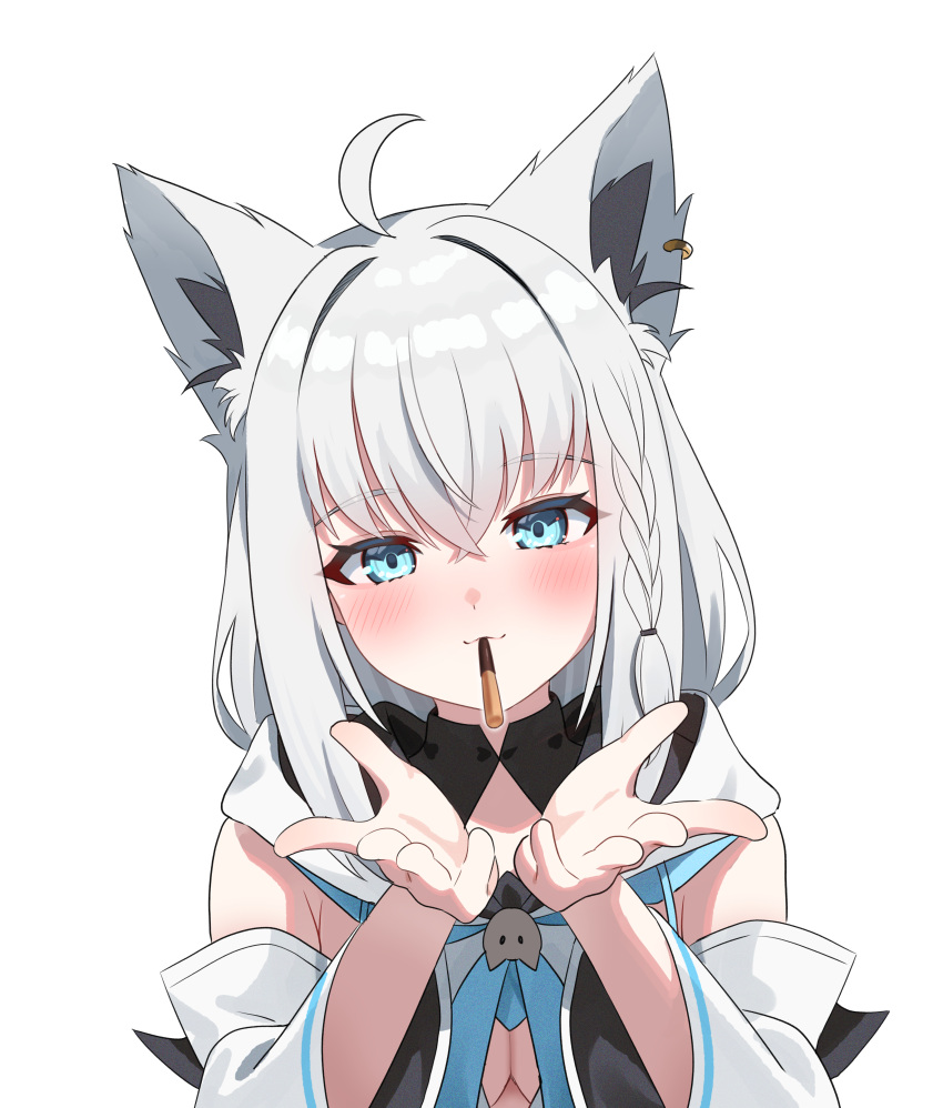 :3 absurdres ahoge animal_ear_piercing animal_ears aqua_eyes aqua_neckerchief blowing_kiss blush braid breasts cleavage closed_mouth commentary crossed_bangs detached_sleeves female food food_in_mouth fox_ears fox_girl front_slit hair_between_eyes heart highres hololive hood hooded_vest hoodie kumarang long_hair looking_at_viewer medium_breasts neckerchief pocky pocky_day pocky_in_mouth shirakami_fubuki shirakami_fubuki_(1st_costume) sideboob simple_background single_braid solo straight-on strapless upper_body vest virtual_youtuber white_background white_hair white_sleeves wide_sleeves