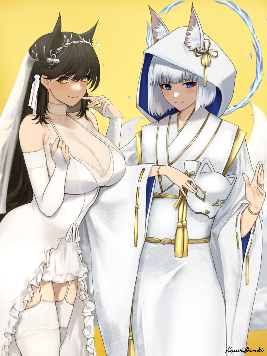 2girls absurdres akizuki_(17769498) animal_ears atago_(azur_lane) atago_(lily-white_vow)_(azur_lane) azur_lane black_hair blue_eyes breasts bridal_gauntlets bridal_veil dress extra_ears fox_ears fox_mask fox_tail garter_straps highres holding holding_mask japanese_clothes jewelry kaga_(azur_lane) kaga_(sacred_blue_lily)_(azur_lane) kimono kitsune large_breasts long_hair looking_at_viewer mask mole mole_under_eye multiple_girls official_alternate_costume ribbon ring short_hair simple_background swept_bangs tail thighhighs uchikake veil very_long_hair wataboushi wedding_dress wedding_ring white_dress white_garter_straps white_hair white_kimono white_ribbon white_thighhighs wide_sleeves yellow_background