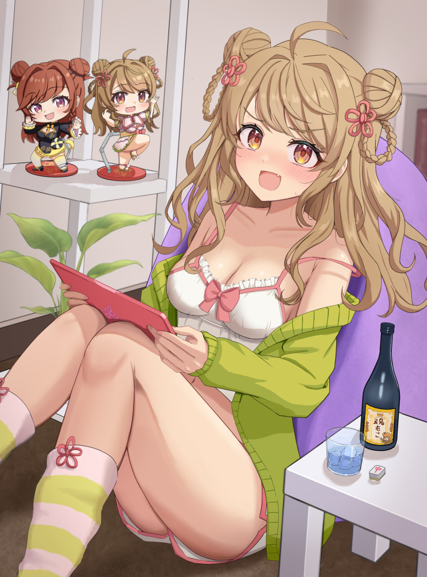 absurdres ahoge alcohol blush bottle breasts brown_eyes brown_hair character_doll character_request cleavage collarbone copyright_request drunk female filkia glass hair_ornament hair_rings highres hood hoodie looking_at_viewer loungewear mahjong_tile medium_breasts oerba_yun_fang shelf sitting table virtual_youtuber