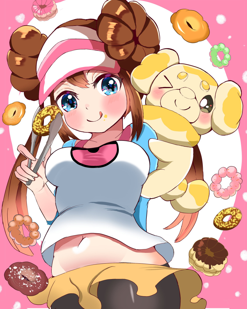 absurdres arm_behind_back black_pantyhose blue_eyes blush breasts brown_hair carrot_summer closed_mouth collarbone double_bun doughnut female fidough food food_on_face groin hair_bun highres holding holding_tongs long_hair medium_breasts navel on_shoulder pantyhose pantyhose_under_shorts pokemon pokemon_(creature) pokemon_bw2 pokemon_on_shoulder raglan_sleeves rosa_(pokemon) shirt shorts sleeves_past_elbows smile tongs tongue tongue_out twintails yellow_shorts