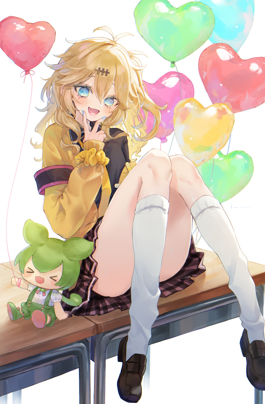 >_< :d absurdres antenna_hair balloon black_footwear black_shirt blonde_hair blue_eyes blue_nails character_doll commentary_request convenient_leg desk female fuyu_(xxfylia) hair_between_eyes hand_up heart_balloon highres jacket kasukabe_tsumugi kneehighs knees_together_feet_apart loafers long_sleeves nail_polish off_shoulder on_desk one_side_up open_clothes open_jacket plaid_clothes plaid_skirt pleated_skirt puffy_long_sleeves puffy_sleeves purple_skirt school_desk school_uniform scrunchie shirt shoes simple_background sitting skirt smile socks solo v_over_mouth voicevox white_background white_socks wrist_scrunchie xd yellow_jacket yellow_scrunchie zundamon