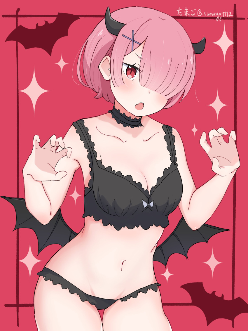 :o absurdres artist_name bat_wings black_bra black_choker black_panties black_wings bra breasts choker claw_pose cleavage collarbone commentary_request cowboy_shot female frilled_bra frilled_choker frilled_panties frills hair_over_one_eye hands_up highres looking_at_viewer low_wings lowleg lowleg_panties medium_breasts navel oerba_yun_fang open_mouth panties pink_hair ram_(re:zero) re:zero_kara_hajimeru_isekai_seikatsu red_background red_eyes short_hair skin_fang solo sunegg1112 thighs twitter_username underwear wings