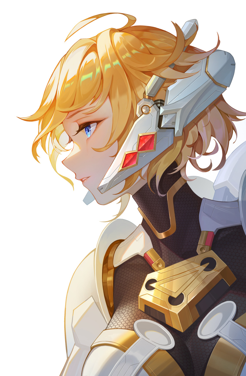 891148867 absurdres ahoge armor black_bodysuit blonde_hair blue_eyes bodysuit breasts cleavage cyborg eyelashes fiora_(xenoblade) gold_trim headgear highres large_breasts looking_to_the_side mecha-fiora parted_lips short_hair simple_background white_armor white_background xenoblade_chronicles_(series) xenoblade_chronicles_1