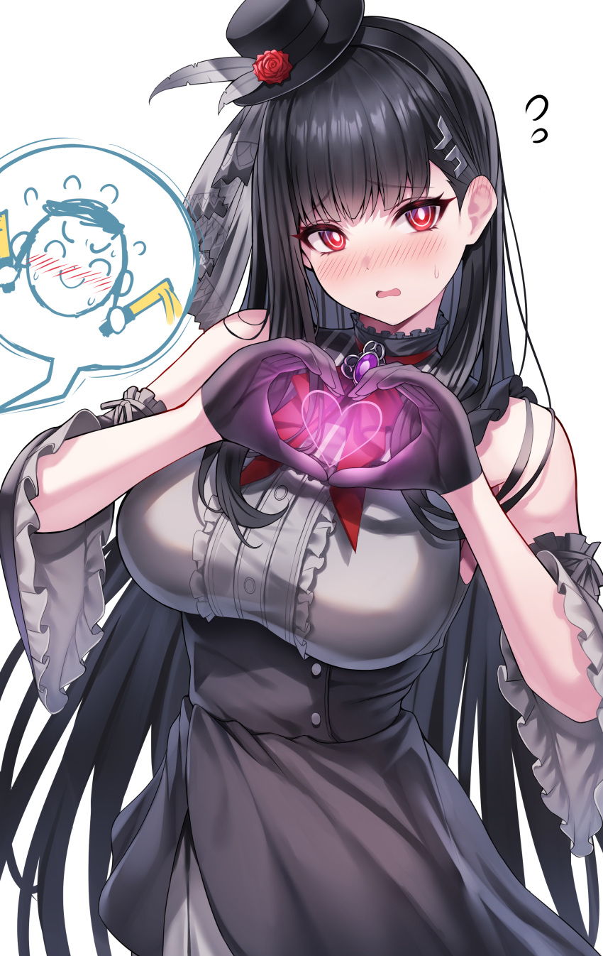 absurdres alternate_costume bare_shoulders black_gloves black_hair black_hat blue_archive blush breasts detached_sleeves doodle_sensei_(blue_archive) embarrassed female gloves hair_ornament hairclip hands_up hat heart heart_hands highres idol large_breasts long_hair looking_at_viewer nano_(syoutamho) open_mouth red_eyes rio_(blue_archive) sensei_(blue_archive) simple_background solo white_background