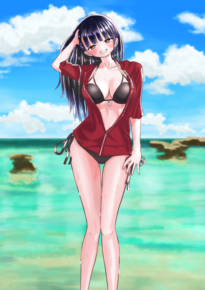 bikini black_bikini black_hair blush boku_no_kokoro_no_yabai_yatsu breasts brown_eyes cleavage collarbone day feet_out_of_frame female grin hand_in_own_hair highres horizon jacket long_hair m2bou medium_breasts mole mole_on_neck mole_on_thigh multiple_moles ocean outdoors partially_open_jacket red_jacket short_sleeves side-tie_bikini_bottom skull_charm sky smile solo standing swimsuit wet yamada_anna