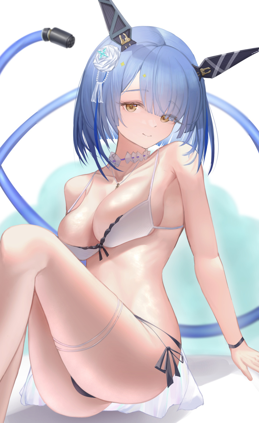 absurdres animal_ears arm_support azuma_(sospower73) azur_lane bikini black_bikini_bottom blue_hair breasts choker cleavage closed_mouth commentary_request fake_animal_ears female flower frilled_choker frills gascogne_(azur_lane) gascogne_(tropical_environs_acclimation_service_equipment)_(azur_lane) hair_flower hair_ornament highres knees_up looking_at_viewer mechanical_ears medium_breasts multicolored_hair official_alternate_costume orange_eyes purple_hair rose short_hair simple_background sitting smile solo streaked_hair swimsuit thighs white_background white_bikini white_flower white_rose