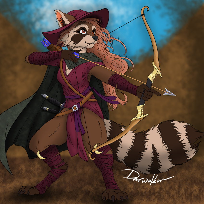 anthro arm_wraps arrow_(weapon) battle belt bottomwear bow_(weapon) brown_body brown_eyes brown_fur cape chest_tuft claws clothed clothing crescent_moon dagger deerwalker feet female foot_wraps fur hair hi_res inner_ear_fluff line_art loincloth long_hair looking_away mammal melee_weapon moon pantsless procyonid quiver_(object) raccoon raccoon_tail ranged_weapon ranger recurve_bow sash shaded shirt simple_background solo strawberry_blonde sword toe_claws topwear tuft tunic weapon wide_brim_hat wraps