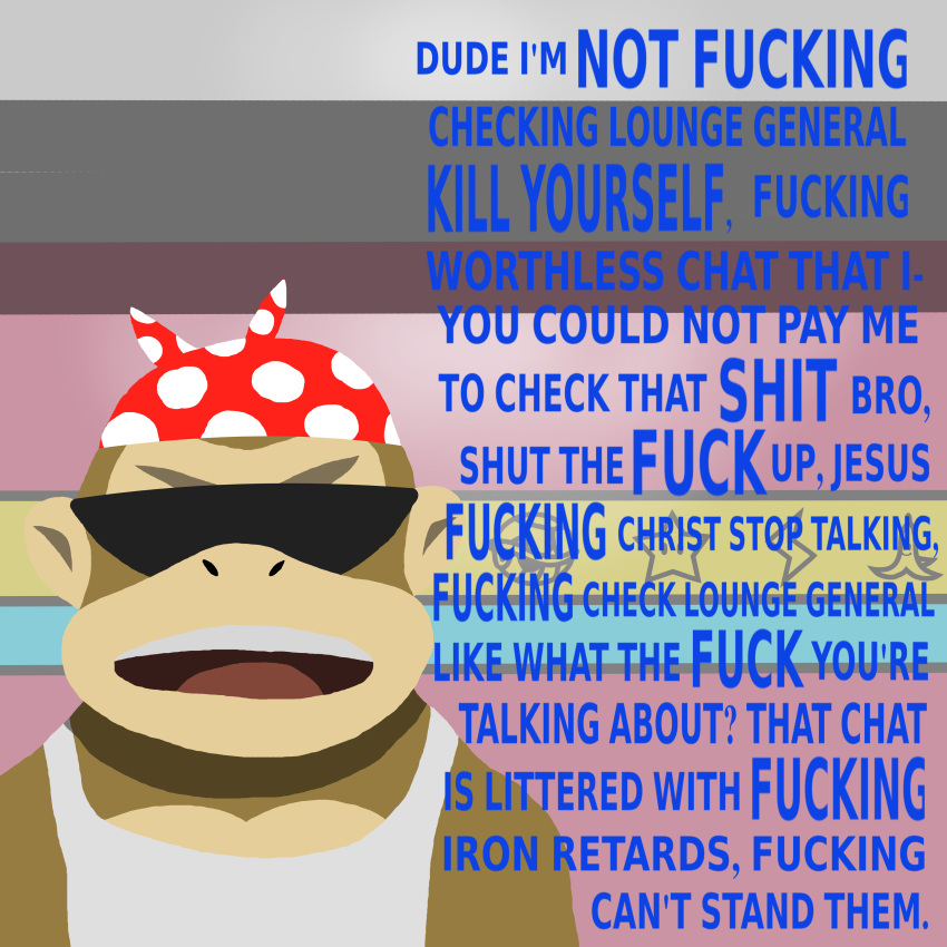 1:1 absurd_res angry anthro ape clothed clothing dialogue digital_media_(artwork) donkey_kong_(series) english_text eyewear funky_kong gorilla haplorhine headgear hi_res inside kerchief male mammal nintendo open_mouth pecs pink_wall primate profanity red_kerchief shirt slur solo spotted_kerchief subolek sunglasses tank_top teeth text topwear wall_(structure) white_clothing white_kerchief white_shirt white_tank_top white_topwear