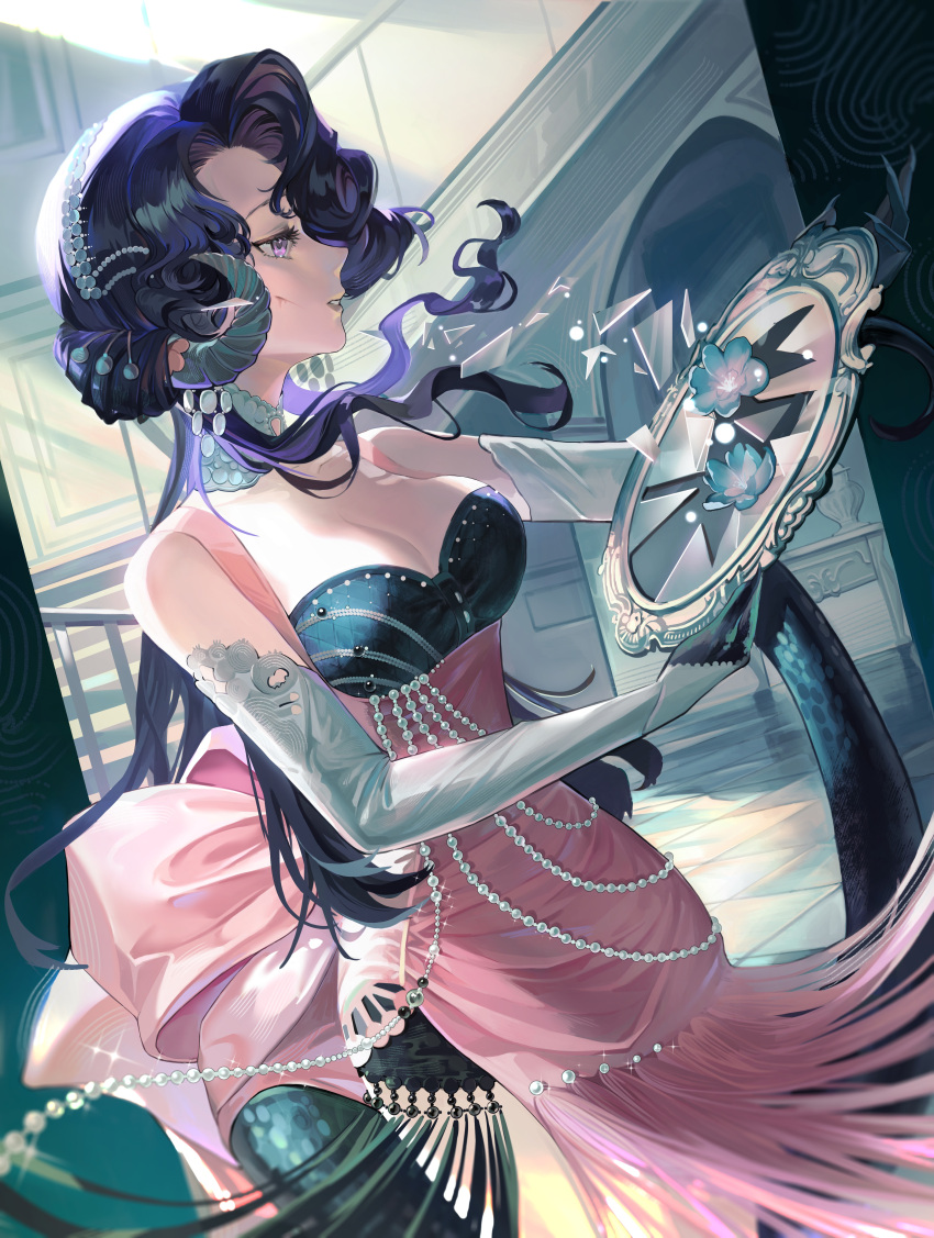 absurdres anjo_nala aqua_flower black_hair breasts broken_mirror cleavage cowboy_shot curled_horns curly_hair demon_horns dress dutch_angle elbow_gloves female flower from_side gloves green_tail grey_gloves grey_horns hands_up highres holding holding_mirror horns indoors lizard_tail long_hair looking_at_mirror low_horns medium_breasts mirror mmo_ji pink_dress profile purple_eyes reverse:1999 scar scar_on_face shards side_slit sleeveless sleeveless_dress solo tail