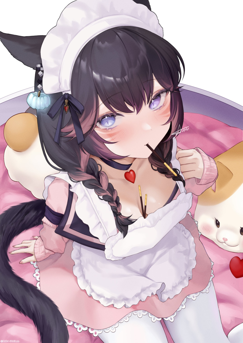 absurdres animal_ears apron bed black_hair braid brooch cat_ears cat_girl cat_tail commentary_request earrings facial_mark female final_fantasy final_fantasy_xiv food food_in_mouth heart heart_brooch highres jewelry looking_at_viewer maid maid_apron maid_headdress miqo'te multicolored_hair nail_polish on_bed pantyhose pink_hair pink_nails pocky pocky_day pocky_in_mouth purple_eyes shhilee single_earring sitting slit_pupils stuffed_animal stuffed_toy tail twin_braids two-tone_hair warrior_of_light_(ff14) whisker_markings white_pantyhose