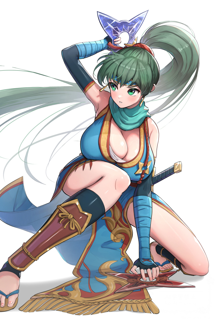 absurdres bare_shoulders blue_kimono breasts cleavage female fire_emblem fire_emblem:_the_blazing_blade fire_emblem_heroes gonzarez green_eyes green_hair high_ponytail highres holding holding_weapon huge_breasts japanese_clothes katana kimono long_hair lyn_(fire_emblem) lyn_(ninja)_(fire_emblem) ninja official_alternate_costume revision sandals shuriken simple_background solo sword weapon white_background