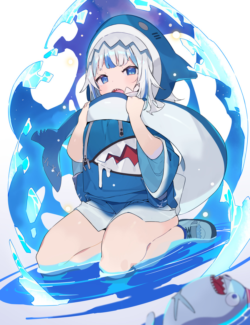 animal_costume animal_hood bloop_(gawr_gura) blue_eyes blue_hair blue_hoodie commentary female fins fish_tail gawr_gura gawr_gura_(1st_costume) grey_hair hajime_(hajime-ill-1st) highres holding_own_tail hololive hololive_english hood hood_up hoodie long_sleeves looking_at_viewer multicolored_hair open_mouth seiza shark shark_costume shark_girl shark_hood shark_print shark_tail sharp_teeth shoes short_hair sitting sneakers solo streaked_hair tail teeth virtual_youtuber white_footwear wide_sleeves