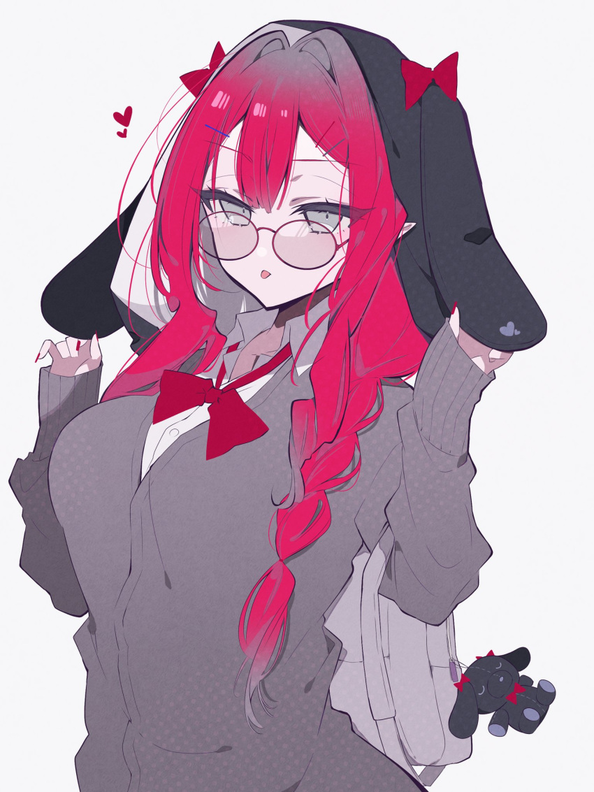 backpack bag baobhan_sith_(fate) black_hat blush breasts fate/grand_order fate_(series) female grey_eyes grey_sweater hands_up hat hat_with_ears highres i10_ksw long_hair looking_at_viewer necktie pink_hair pointy_ears red_nails red_necktie round_eyewear school_uniform sidelocks solo sweater tongue tongue_out white_background