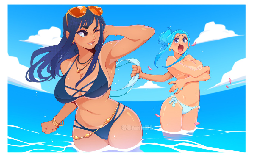 2girls absurdres alternate_hairstyle arm_up armpits assisted_exposure bikini bikini_bottom_only bikini_tan black_bikini black_hair blue_bikini blue_hair blue_sky blush border breasts commission covered_nipples covering_breasts covering_privates day devil_fruit_power earrings extra_arms eyewear_on_head furrowed_brow hair_bun highres holding holding_swimsuit holding_unworn_clothes horizon jewelry large_breasts long_hair looking_at_another multiple_girls navel nefertari_vivi nico_robin ocean one_eye_closed one_piece open_mouth outdoors parted_lips pendant samu_(samudl) single_hair_bun sky smile stomach sunglasses swimsuit tan tanlines topless unworn_bikini_top wading water white_border wind