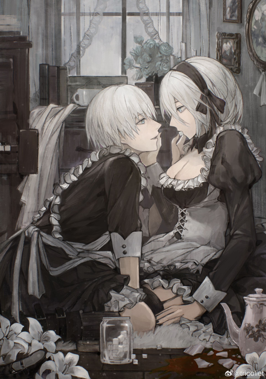 1boy 2b_(nier:automata) 9s_(nier:automata) absurdres alternate_costume apron black_dress black_thighhighs blue_eyes bottle breasts cleavage commentary_request crossdressing cup curtains dress enmaided feeding female flower frilled_apron frills from_side garter_straps hand_on_another's_cheek hand_on_another's_face highres indoors instrument juliet_sleeves large_breasts leaning_forward long_sleeves looking_at_another maid maid_apron male_maid nier:automata nier_(series) piano picture_frame puffy_sleeves short_hair sitting teapot thighhighs tricoliet waist_apron white_apron white_flower white_hair window wrist_cuffs