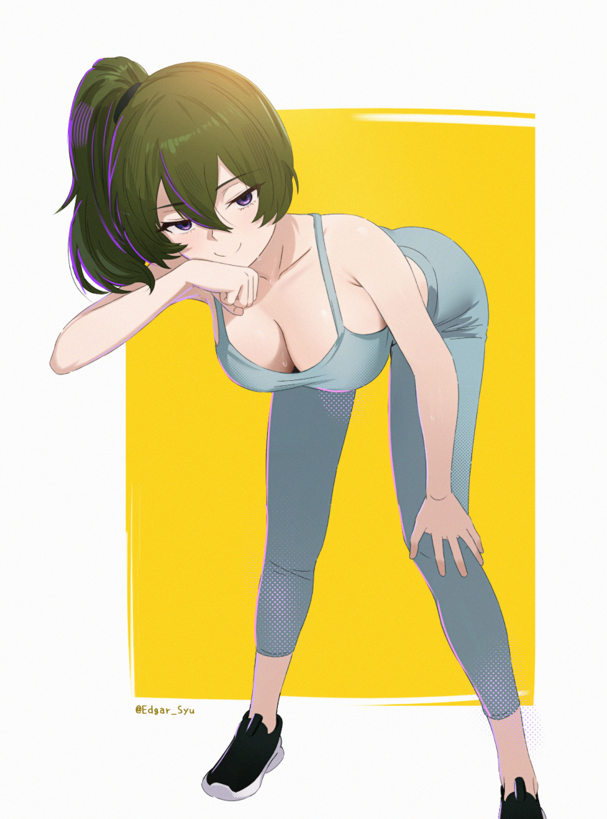 absurdres artist_name bent_over black_footwear blue_leggings blue_pants blue_sports_bra border breasts c: cleavage clenched_hand commentary_request contemporary edgar_syu female full_body green_hair hand_up highres jitome large_breasts leggings long_hair pants shoes side_ponytail smile sneakers solo sousou_no_frieren sports_bra sweat twitter_username ubel_(sousou_no_frieren) white_border wiping_sweat yellow_background