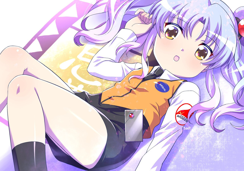 arm_up black_necktie black_skirt black_socks blue_hair female hair_bobbles hair_ornament highres himehachi_(hime8manga) hoshino_ruri kidou_senkan_nadesico knees_up long_hair looking_at_viewer lying necktie on_back open_mouth orange_vest shirt skirt socks solo thighs twintails vest white_shirt yellow_eyes