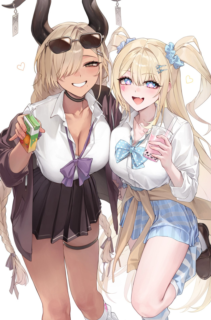 2girls alternate_costume asymmetrical_bangs azur_lane black_choker blonde_hair blue_eyes blue_scrunchie blue_skirt bow bowtie braid breasts brown_cardigan brown_footwear brown_horns brown_skirt bubble_tea cardigan cardigan_around_waist choker cleavage clothes_around_waist collared_shirt commentary cup dark-skinned_female dark_skin disposable_cup dress_shirt drinking_straw eyewear_on_head facial_mark grin guam_(azur_lane) gyaru hair_ornament hair_over_one_eye hairclip heart heart_facial_mark heart_tattoo highres holding holding_cup holding_juice_box horn_ornament horn_ring horns juice_box kogal large_breasts large_horns leaning_forward leg_up long_hair looking_at_viewer loose_socks low_twin_braids miniskirt mole mole_under_mouth multicolored_eyes multiple_girls oerba_yun_fang off_shoulder open_cardigan open_clothes open_mouth owari_(azur_lane) partially_unbuttoned plaid_clothes plaid_skirt pleated_skirt sabotensuteeki school_uniform scrunchie shirt shirt_tucked_in skin_fang skirt smile socks star-shaped_pupils star_(symbol) striped_clothes striped_socks sweater sweater_around_waist symbol-only_commentary symbol-shaped_pupils tattoo thigh_strap tied_sweater twin_braids two_side_up very_long_hair white_background white_shirt yellow_eyes