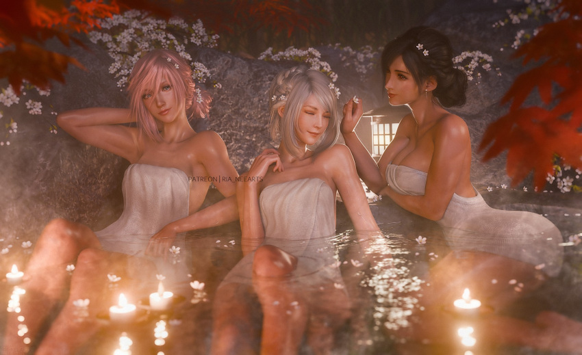 éclair_farron 3girls alternate_hairstyle autumn_leaves black_hair breasts candle final_fantasy final_fantasy_vii final_fantasy_xiii final_fantasy_xvi flower grey_hair hair_bun hair_flower hair_ornament highres in-franchise_crossover jill_warrick lantern multiple_girls naked_towel onsen parted_lips partially_submerged pink_hair ria_(baka-neearts) single_hair_bun smile tifa_lockhart towel water