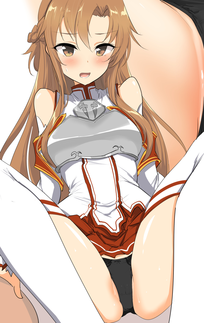 absurdres armor asuna_(sao) bare_shoulders black_panties blush bow bow_panties braid breastplate brown_eyes brown_hair commentary_request feet_out_of_frame female highres knees_apart_feet_together knees_up long_hair momio open_mouth panties parted_bangs pleated_skirt red_skirt shirt sitting skirt sleeveless sleeveless_shirt sweat sword_art_online thighhighs underwear very_long_hair white_shirt white_thighhighs zoom_layer